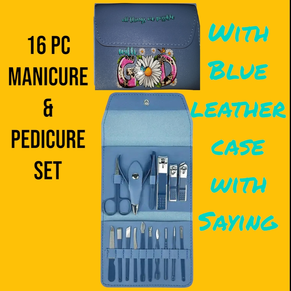 16-Piece Manicure & Pedicure Set with Blue Leather Case with Saying